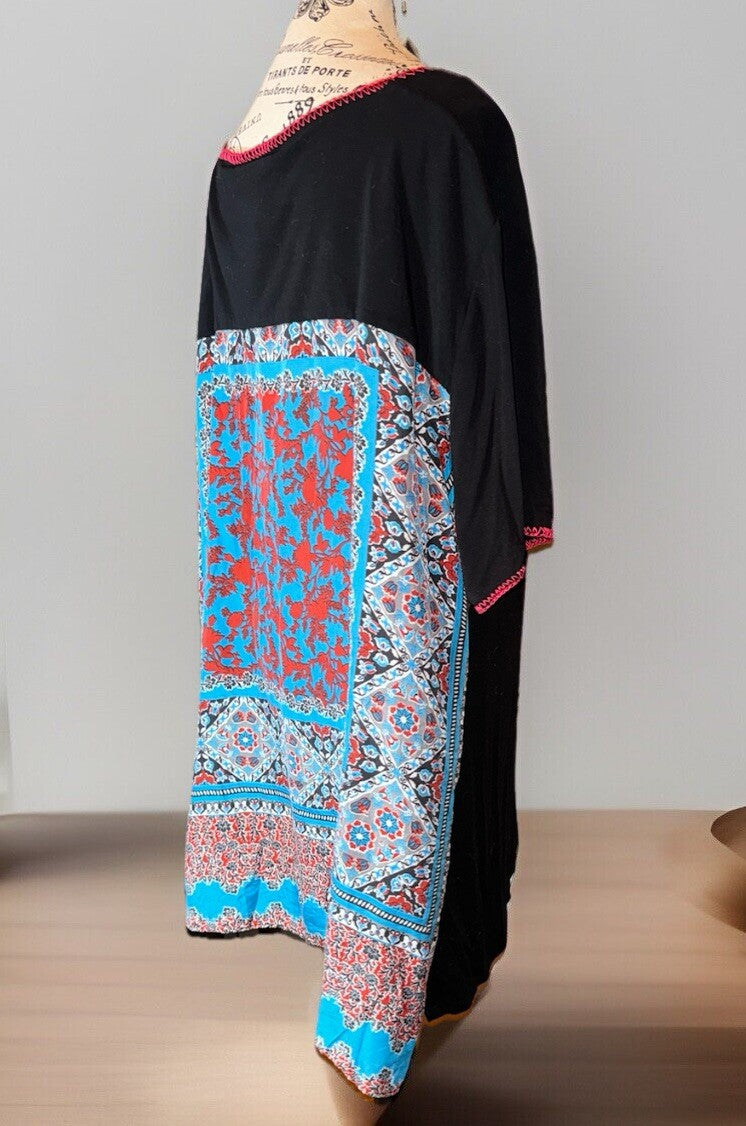 Johnny Was 3x Black Tee Shirt Blue & Red Silk Panel Back Tunic Top Tshirt BOHO Johnny Was