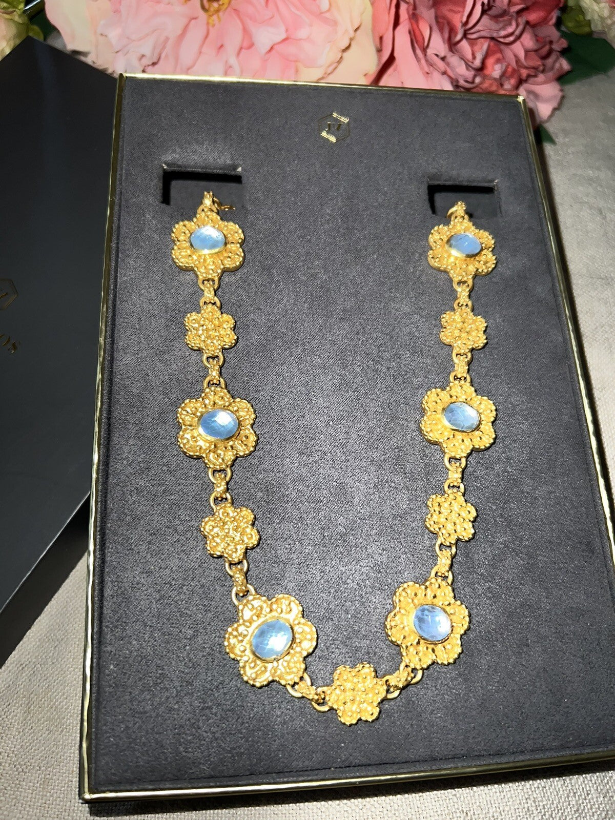 Julie Vos Blue Flower Statement Necklace Toggle Link 24k Gold Plate Chain Julie Vos