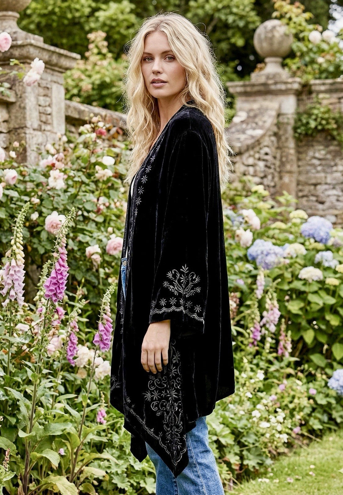 Johnny Was XL Black Velvet Kimono Wrap Cardigan Tonal Cross Embroidery Back Johnny Was