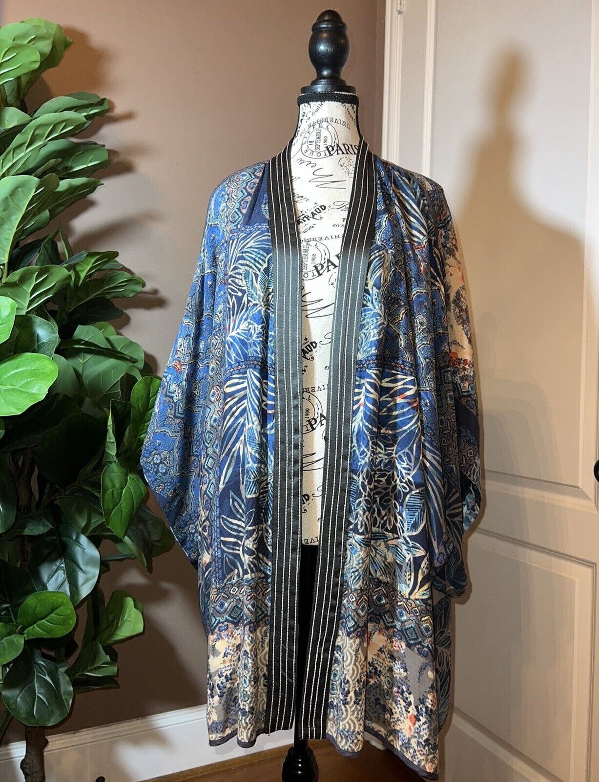 Johnny Was XXL Kimono Duster REVERSIBLE Wrap Cardigan Jacket Dragon Blues