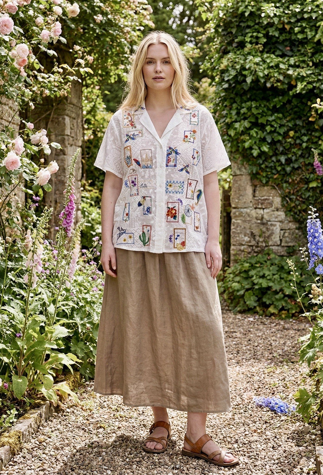 Johnny Was 1X Plus White Cotton Button Up Shirt Tunic Top Blouse Embroidered Johnny Was