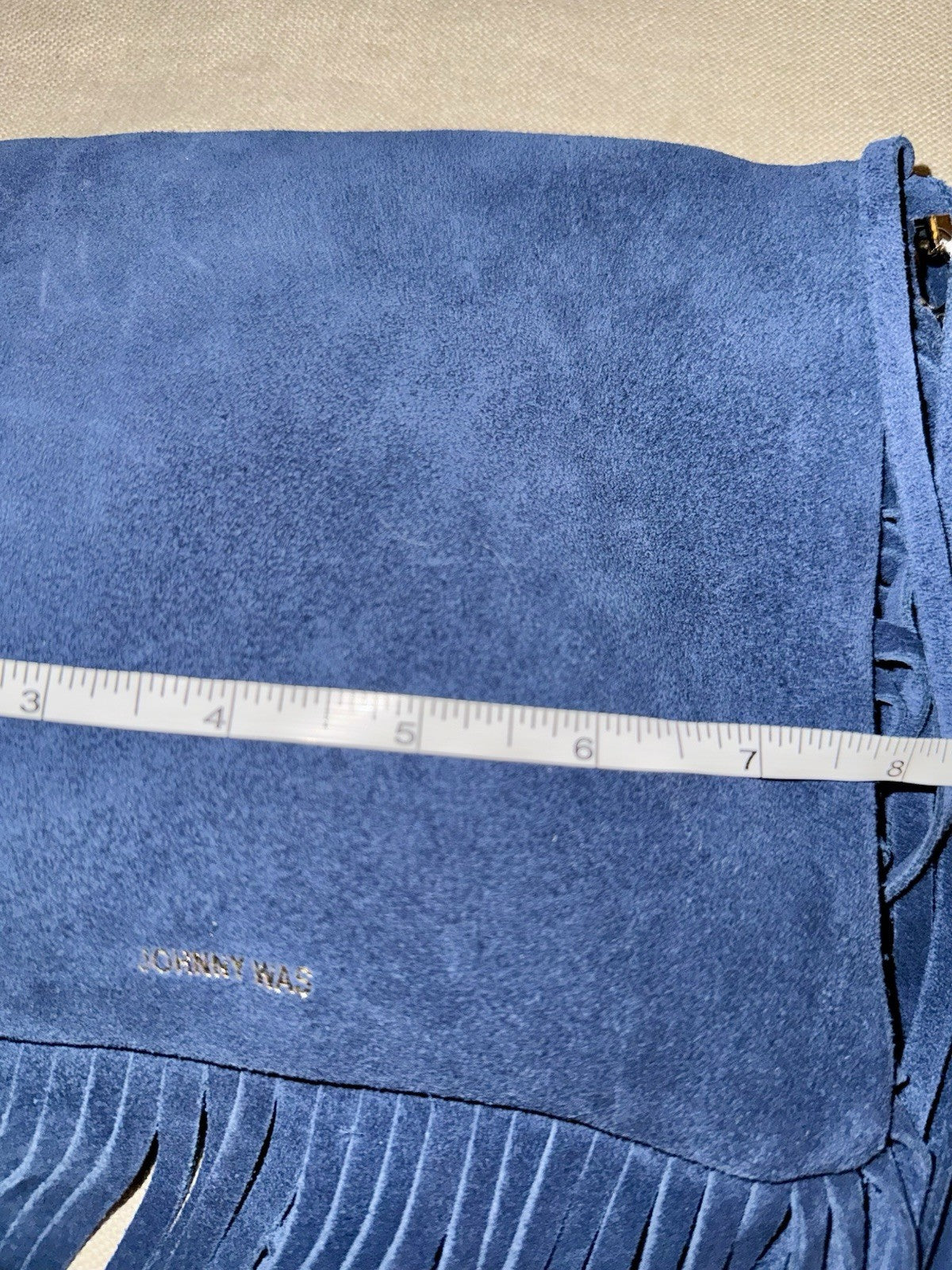 Johnny Was Blue Suede Leather & Fringe Crossbody Bag Purse Shoulder Tote Johnny Was