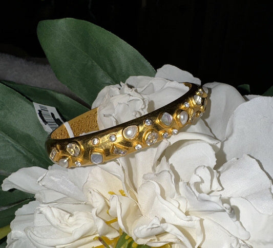 Julie Vos Hinged Bangle Bracelet Clear Iridescent Stones & Pearls 24k Plate Julie Vos