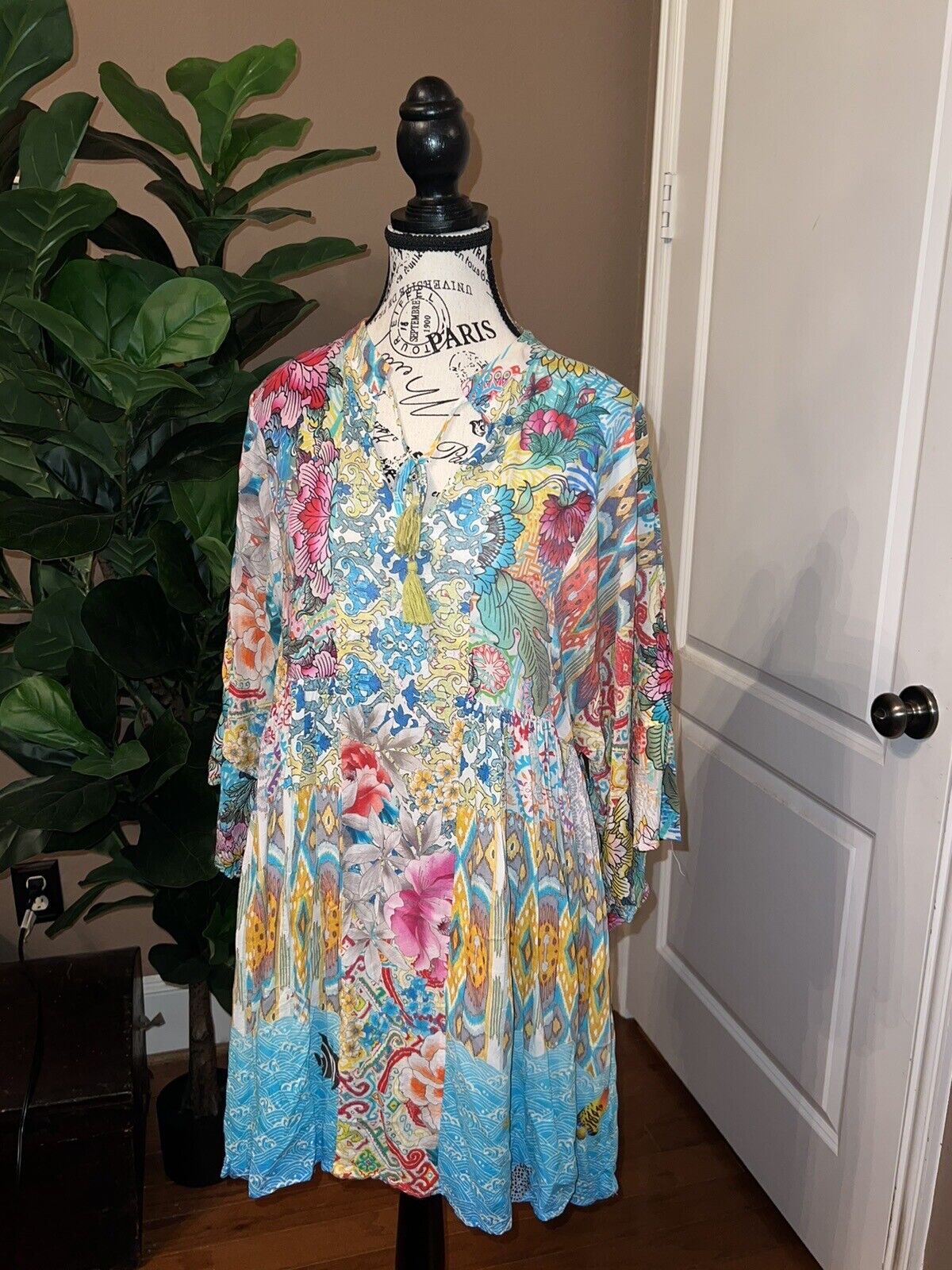 Johnny Was SZ L Large Cotton Floral Tunic Top Mini Dress Kimono Sleeves Tassels