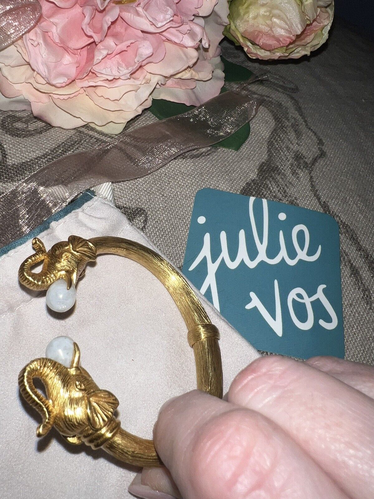 Julie Vos Moonstone 24k Gold Plate Elephant Statement Bangle Cuff Bracelet NWOT