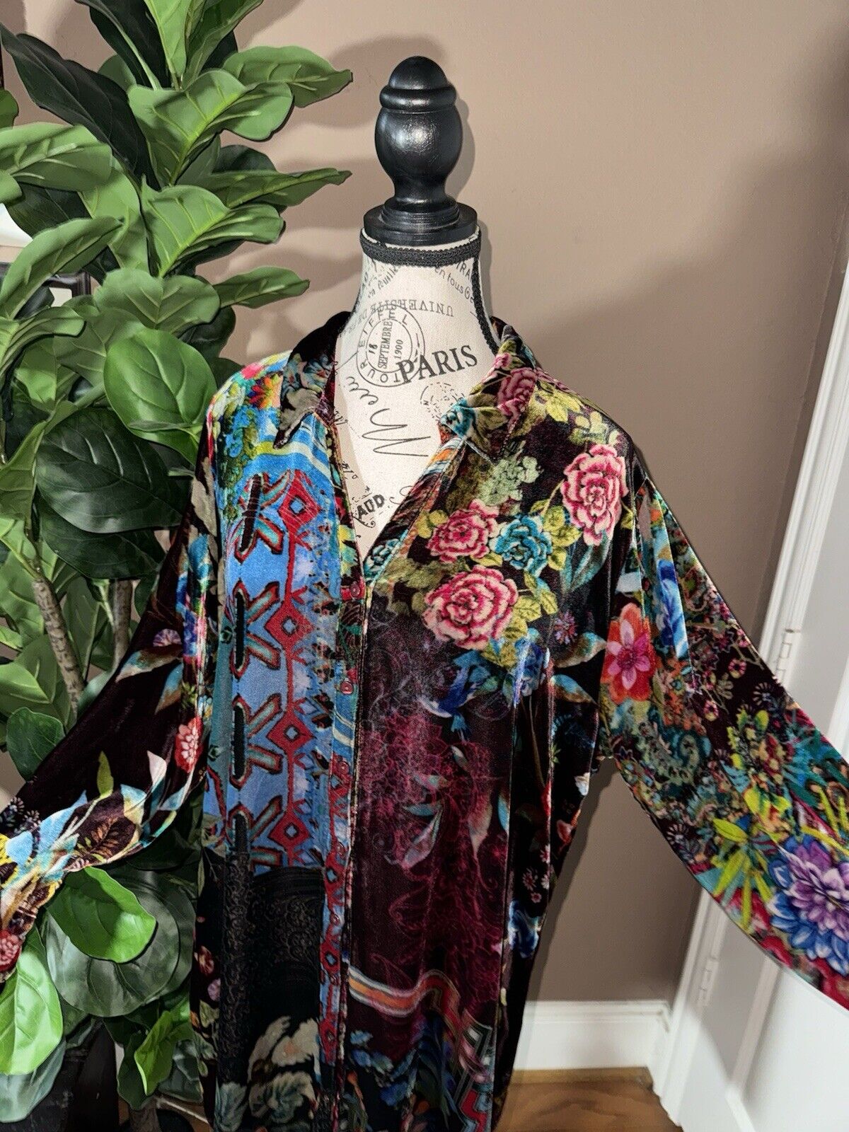 Johnny Was XL Velvet Jewel Tone Kimono Long Sleeve Button Up Shirt Top