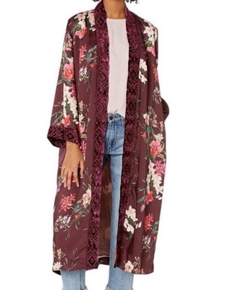 Johnny Was Silk Lined Long Kimono Duster Wrap XL 1X 1XL Velvet Trim Pockets