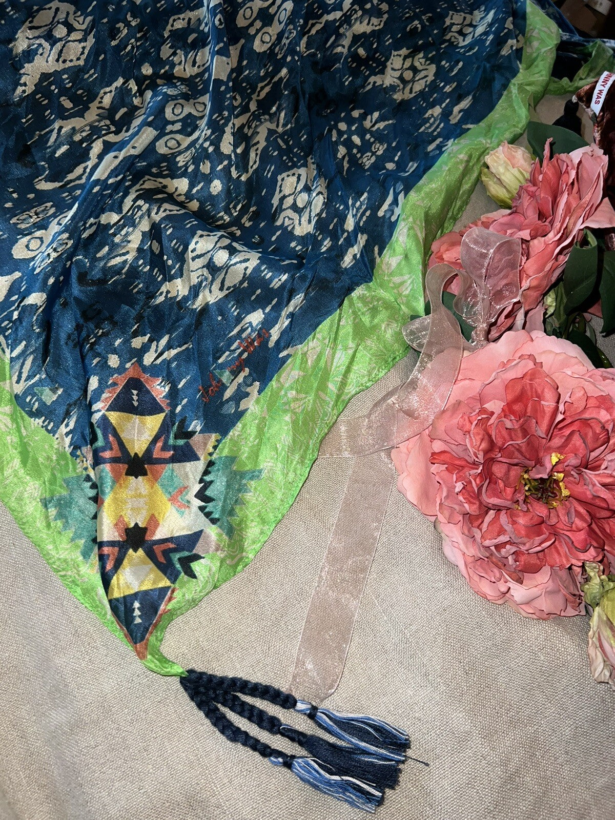 Johnny Was Silk Scarf w/ Tassels Green & Blue Beautiful Condition Johnny Was