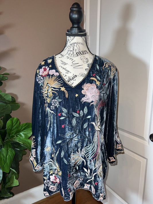 Johnny Was Midnight Blue Velvet Embroidered Tunic Top Kimono Sz M Medium