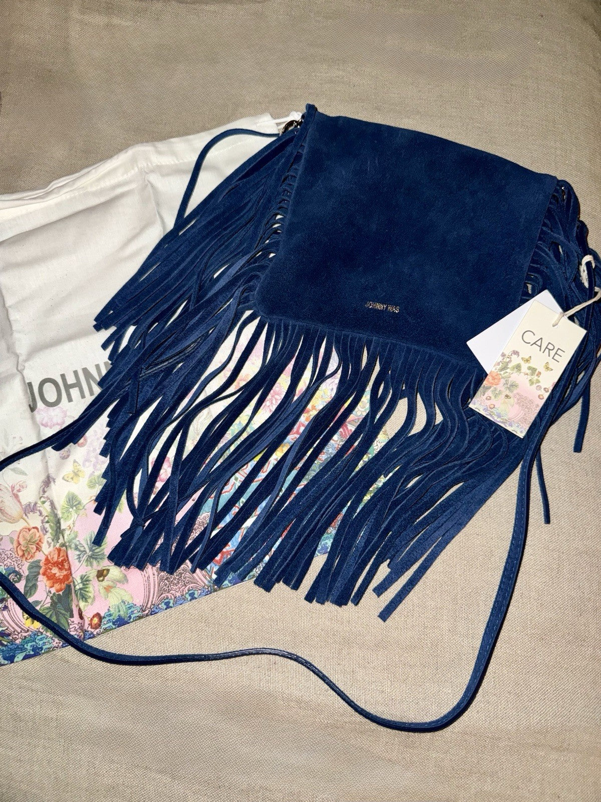 Johnny Was Blue Suede Leather & Fringe Crossbody Bag Purse Shoulder Tote Johnny Was