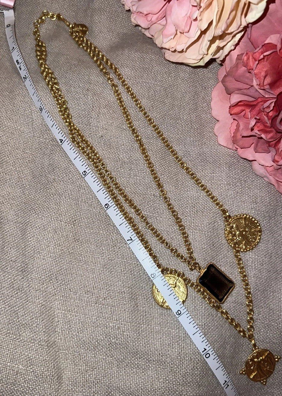 Julie Vos Double Strand Coin Medallion & Smokey Brown 24k Gold Plated Necklace Julie Vos