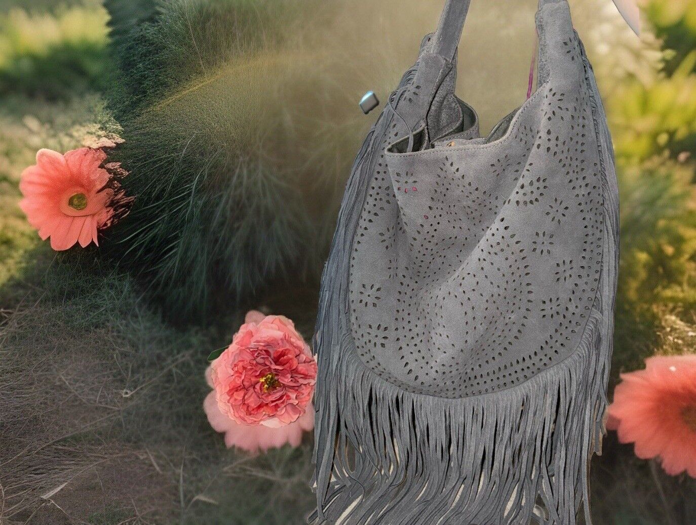 Johnny Was Grey Suede Leather Tote Bag Purse Crossbody Hobo Tassels  WOW