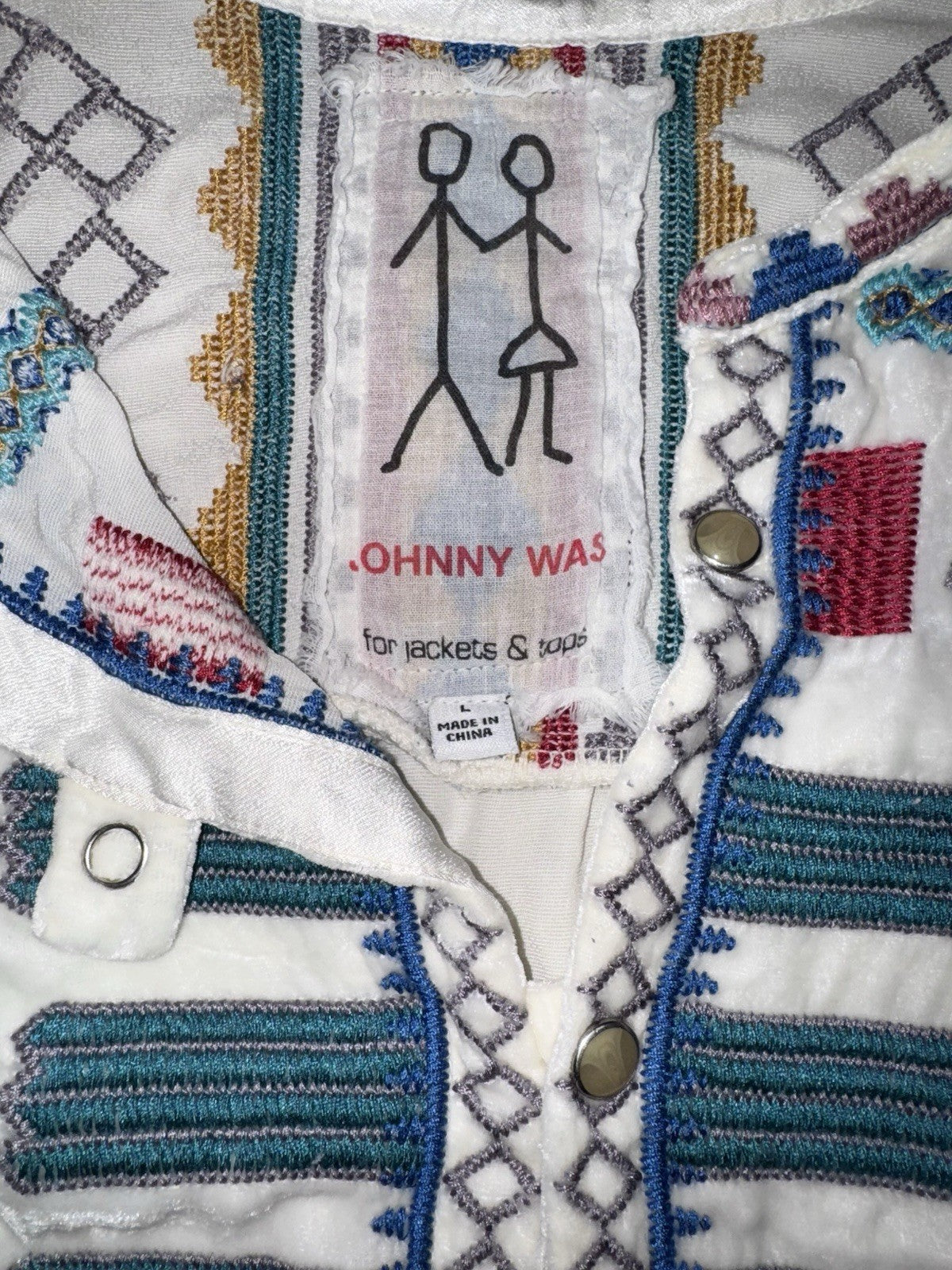 Johnny Was L Large Cream White Velvet Peasant Tunic Top Blouse Embroidered Johnny Was