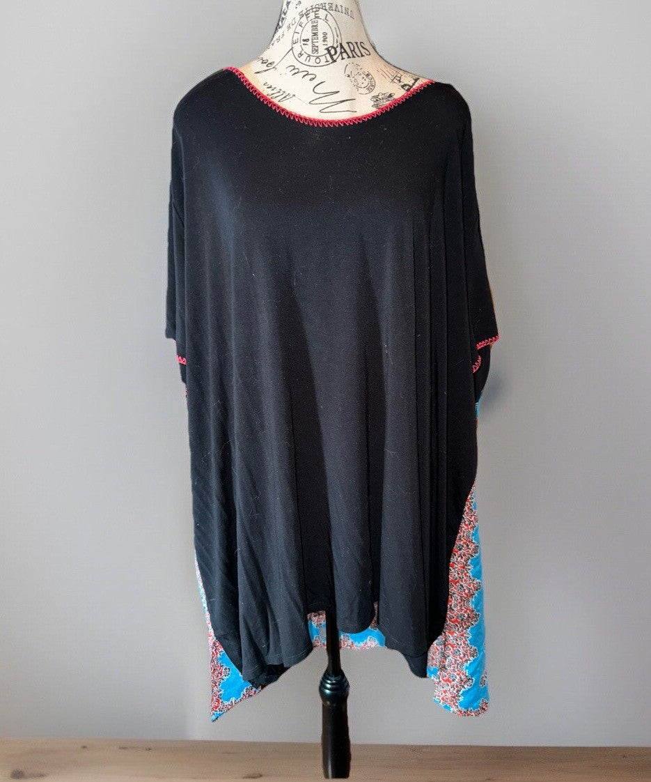 Johnny Was 3x Black Tee Shirt Blue & Red Silk Panel Back Tunic Top Tshirt BOHO Johnny Was