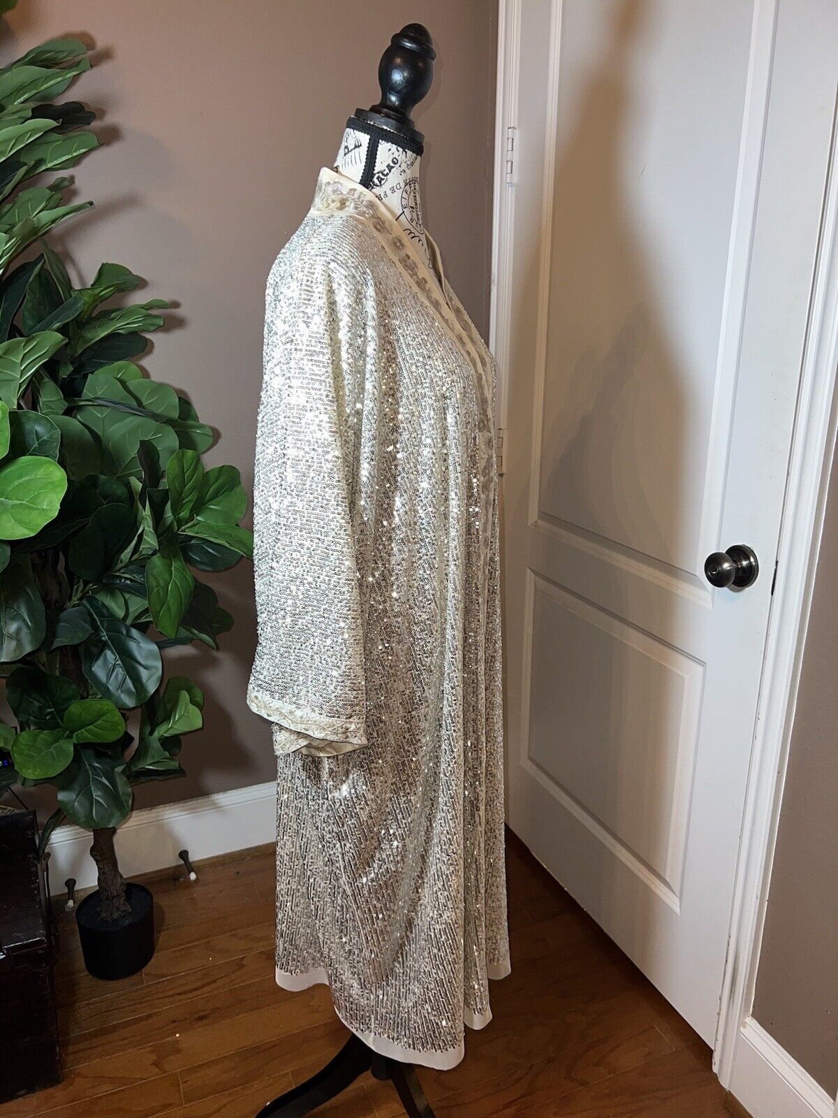 Johnny Was Long Silk & Sequin Ivory KIMONO Duster Wrap PTP-28” OVERSIZED S