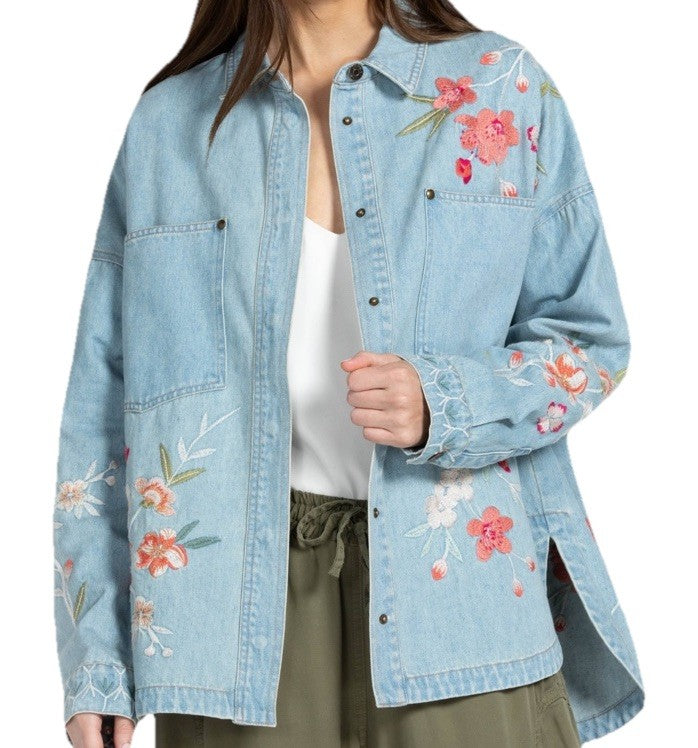 Johnny Was XL Denim Jacket Shacket Coat Embroidered Roses Light Wash Johnny Was