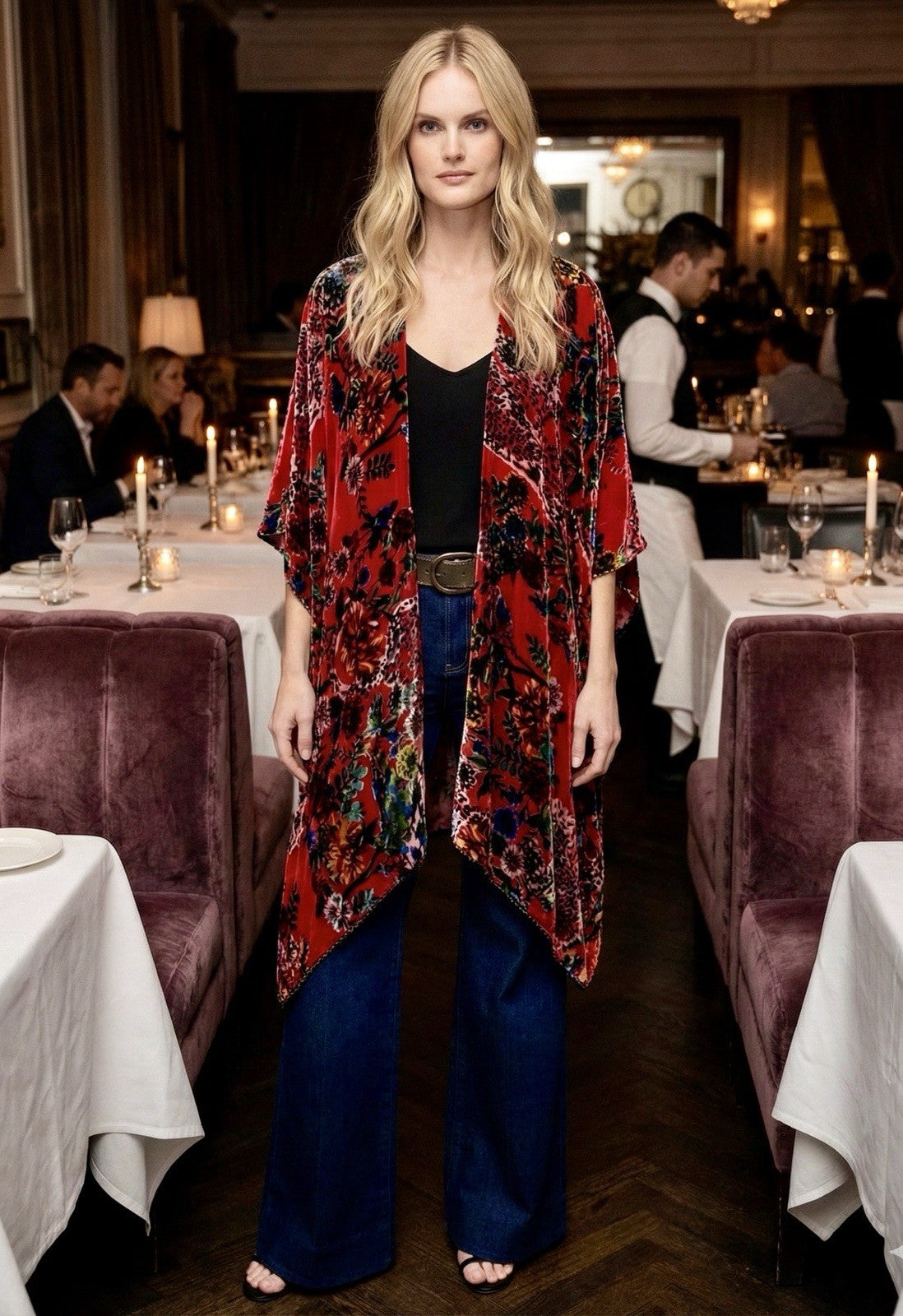 Johnny Was O/S Burnout Velvet Shawl Wrap Red Beaded Trim Bohemian Luxury Johnny Was