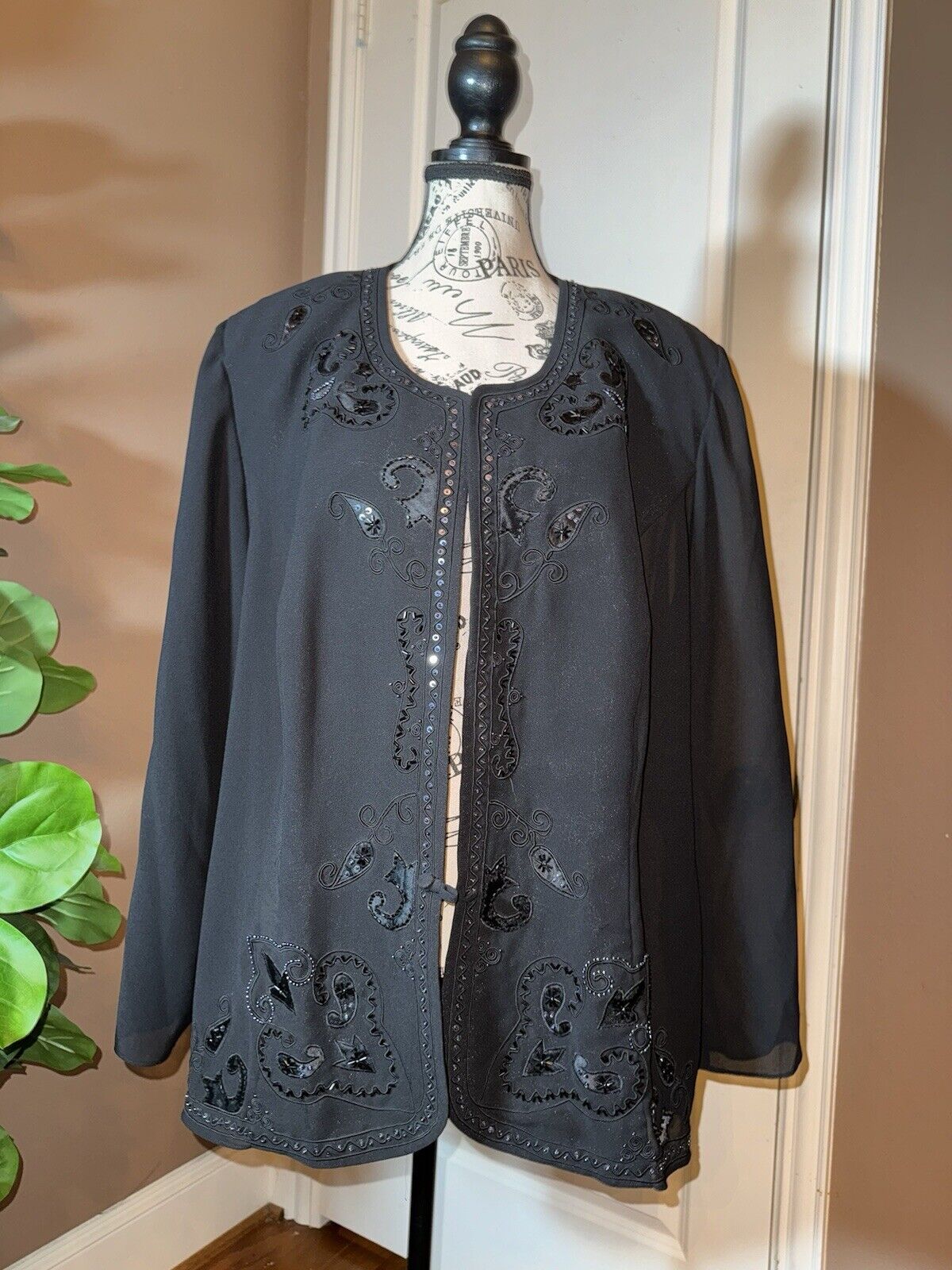 Eileen Fisher 2X Black Dress Jacket Top Beaded Kimono Wrap Tags Cut Out