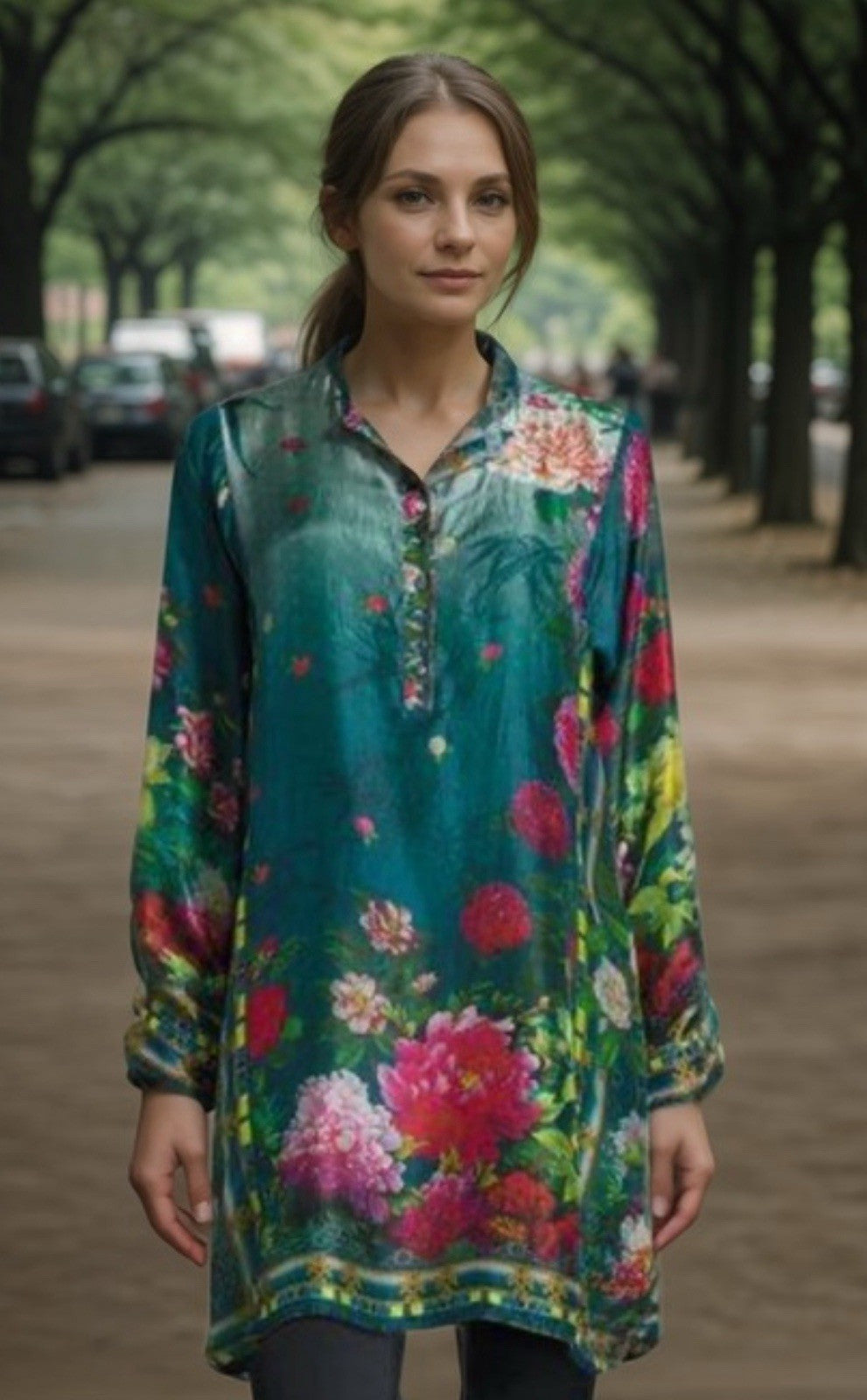 Johnny Was XL 100% Silk Mini Shirt Dress Button Up Tunic Top  Roses Blue Johnny Was