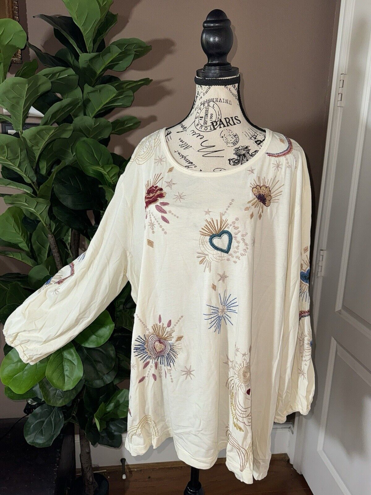 Johnny Was 3x Cream Peasant Tunic Top Cute Embroidery Kimono Sleeves