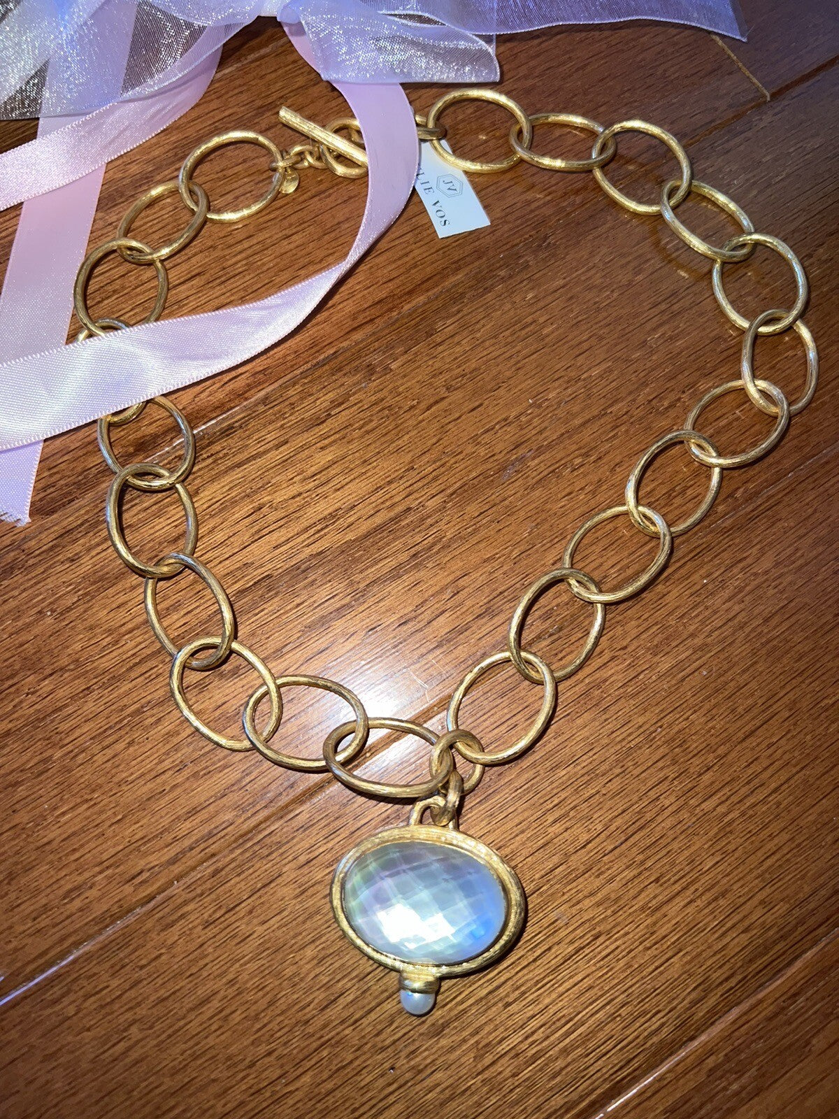 Julie Vos Statement Necklace Iridescent White Pendant 24k Plate Toggle Link Julie Vos