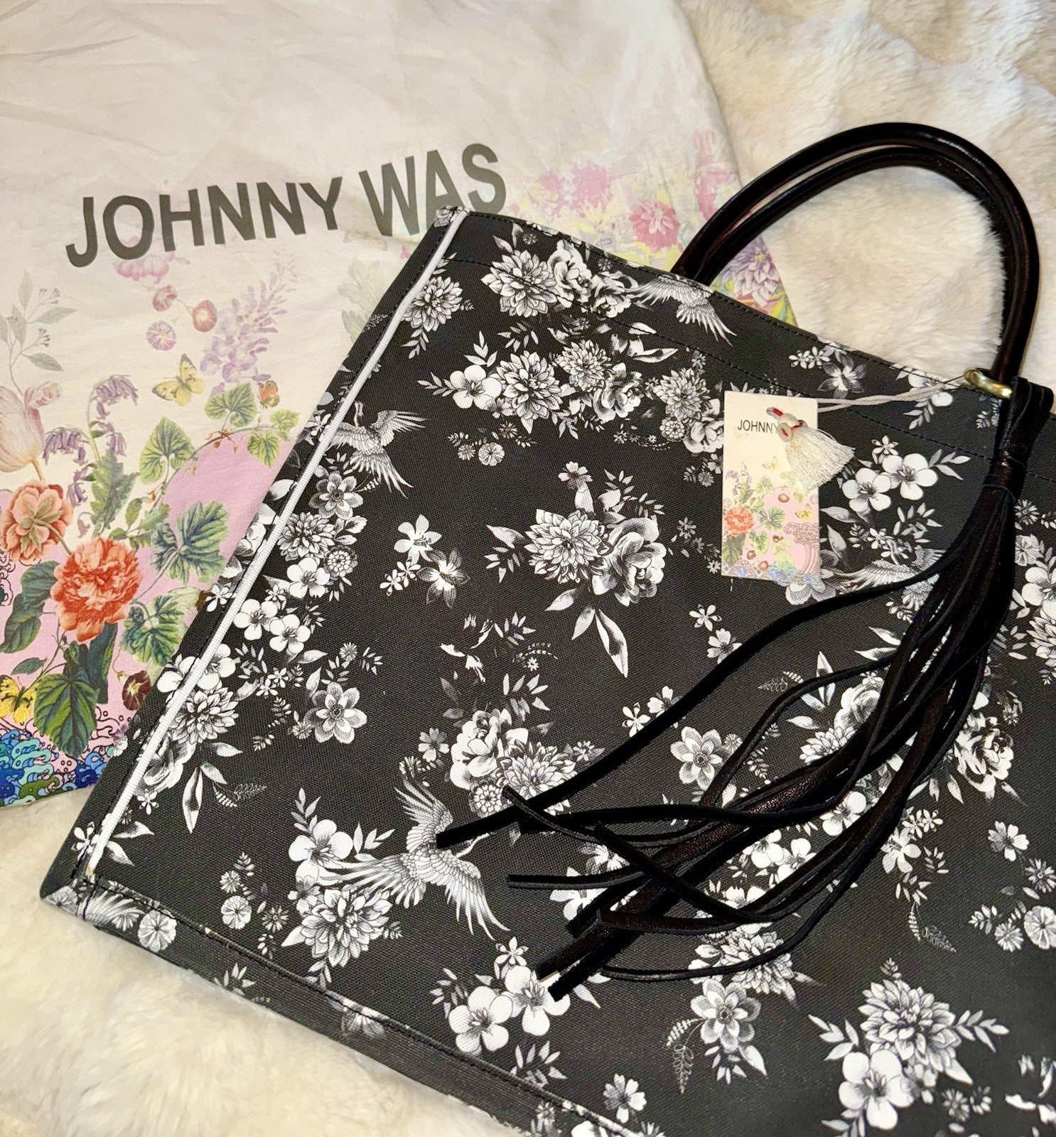 Johnny Was Black & White Coated Canvas Dreamer Bag Purse Tote Leather $428 Johnny Was