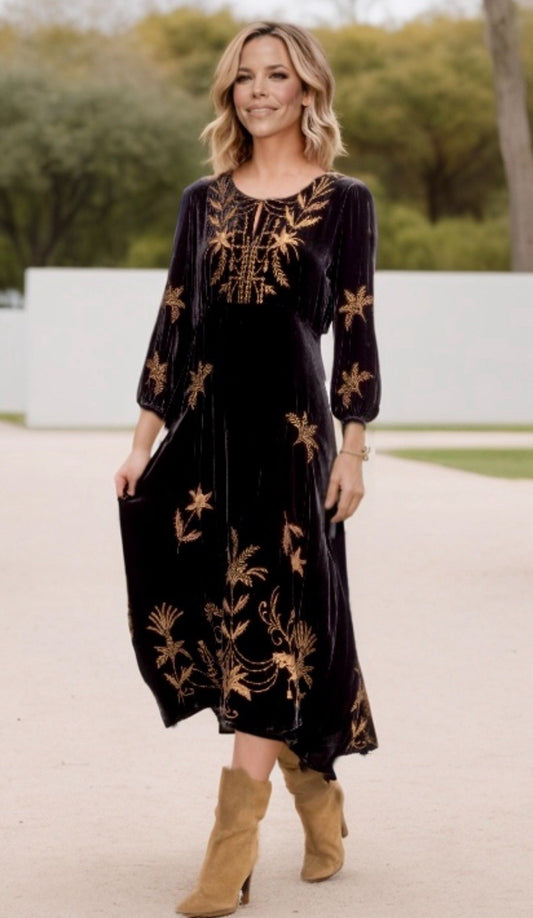 Johnny Was XXL Plus Black Velvet Midi Dress Gold Embroidery A-line $435 Ret Johnny Was