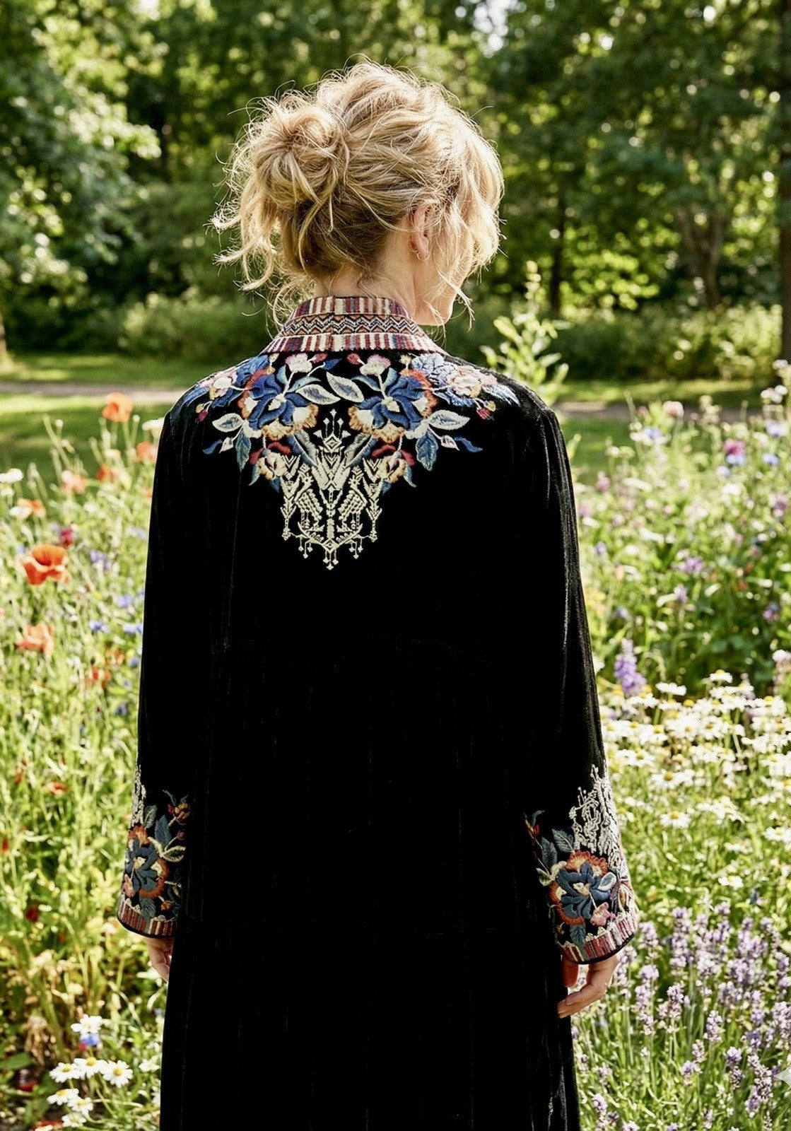 Johnny Was L Large Long Black Velvet Kimono Wrap Jacket Duster Oversized Aztec Johnny Was