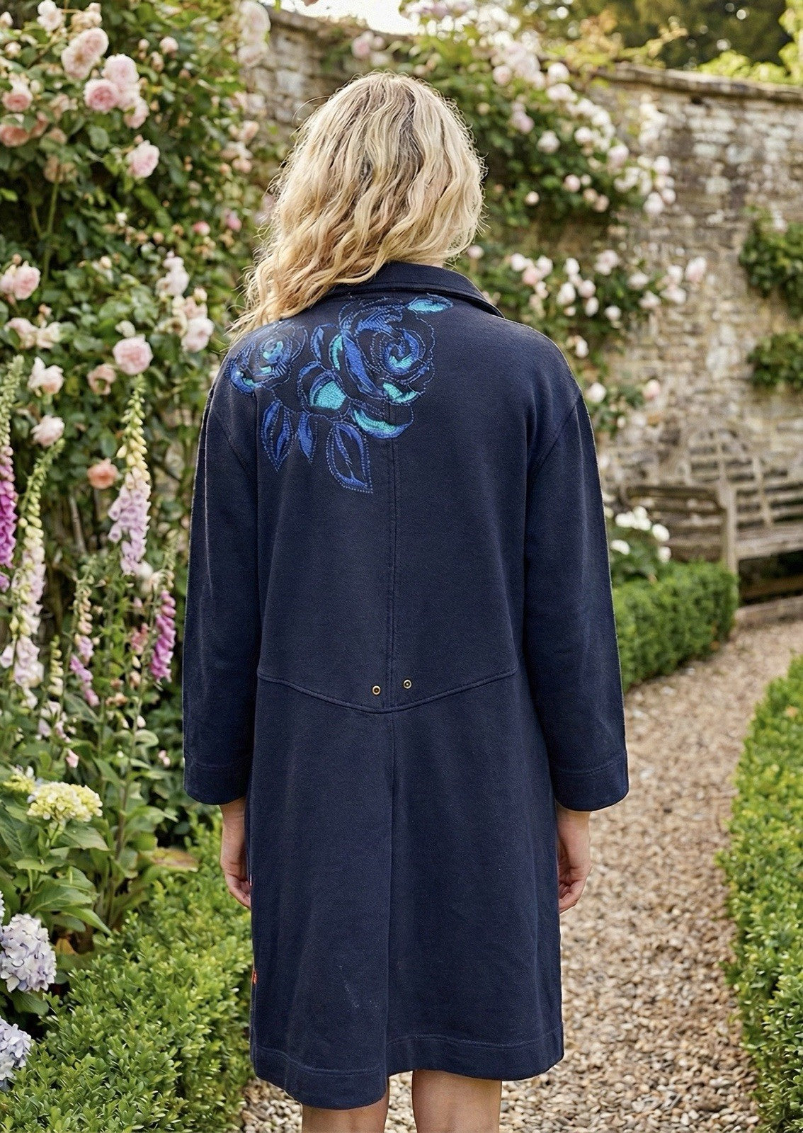 Johnny Was XL Blue Military Trench Coat Jacket Navy W/ Embroidery  Soft Johnny Was