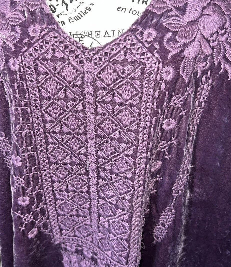 Johnny Was XL Purple Plum Velvet Tunic Top BOHO Mini Dress Tonal Embroidery Johnny Was