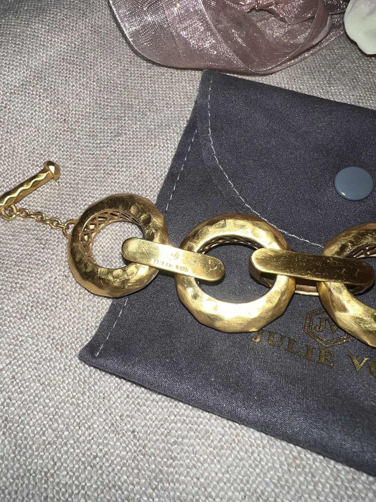 Julie Vos 9” Hammered Link Statement Bracelet Toggle Closure 24k Plated Julie Vos