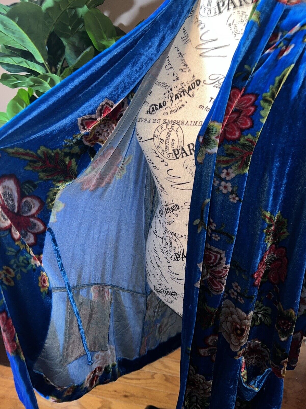 Johnny Was Blue Floral Velvet Sz L Large Kimono Wrap Gorgeous Colors