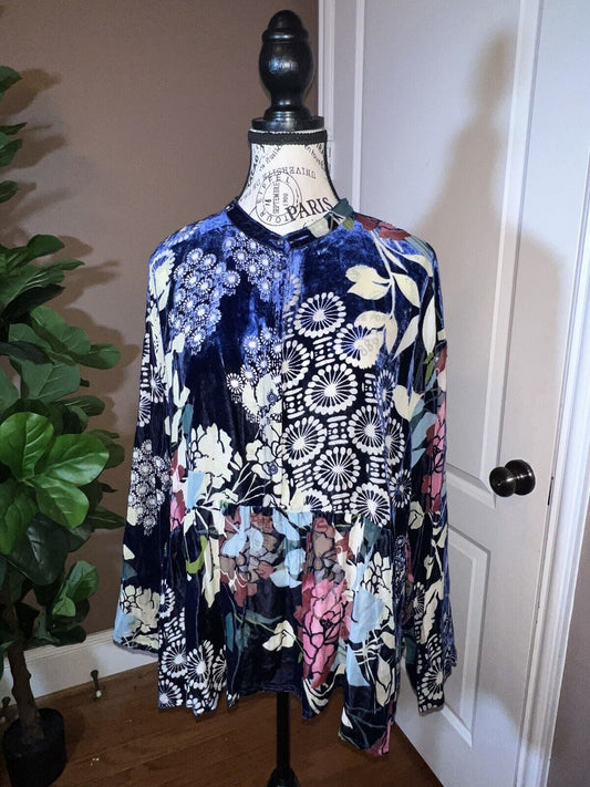 Johnny Was L Large Blue Velvet Burnout & Silk  Peplum Tunic Top  Kimono