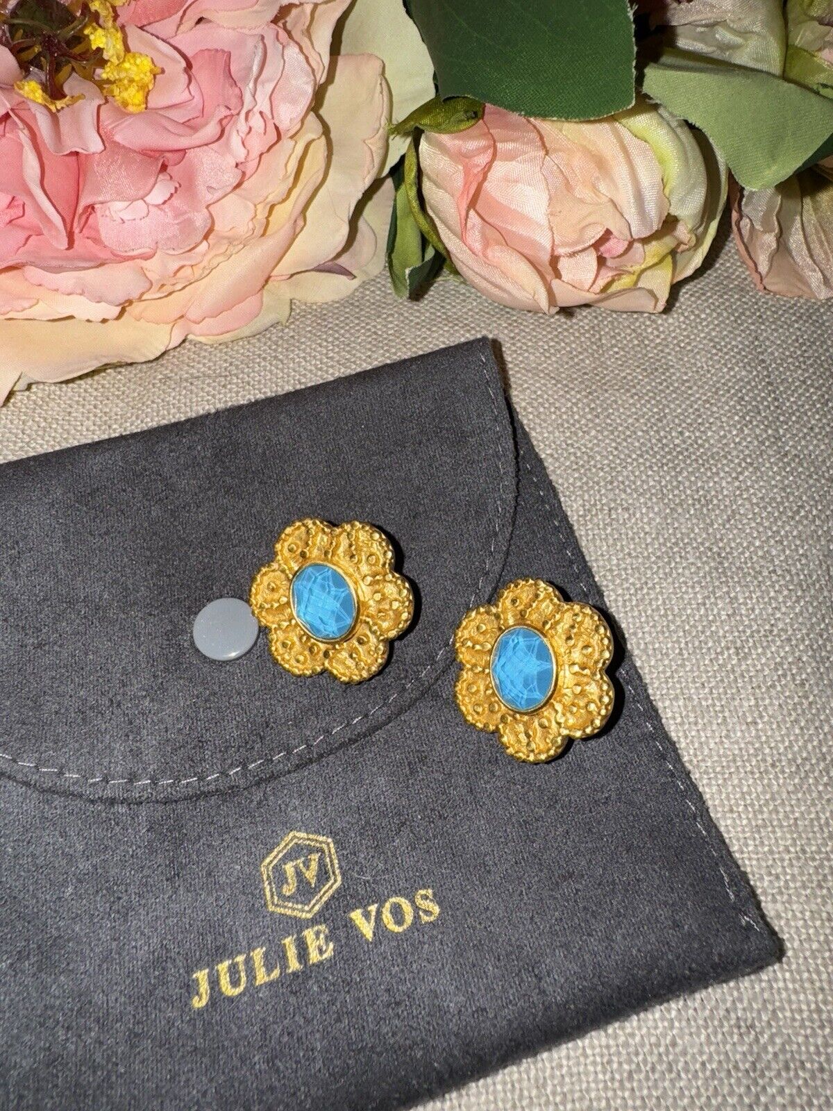 Julie Vos Pacific Blue 24k Gold Plate Flower Clip On Statement Earrings