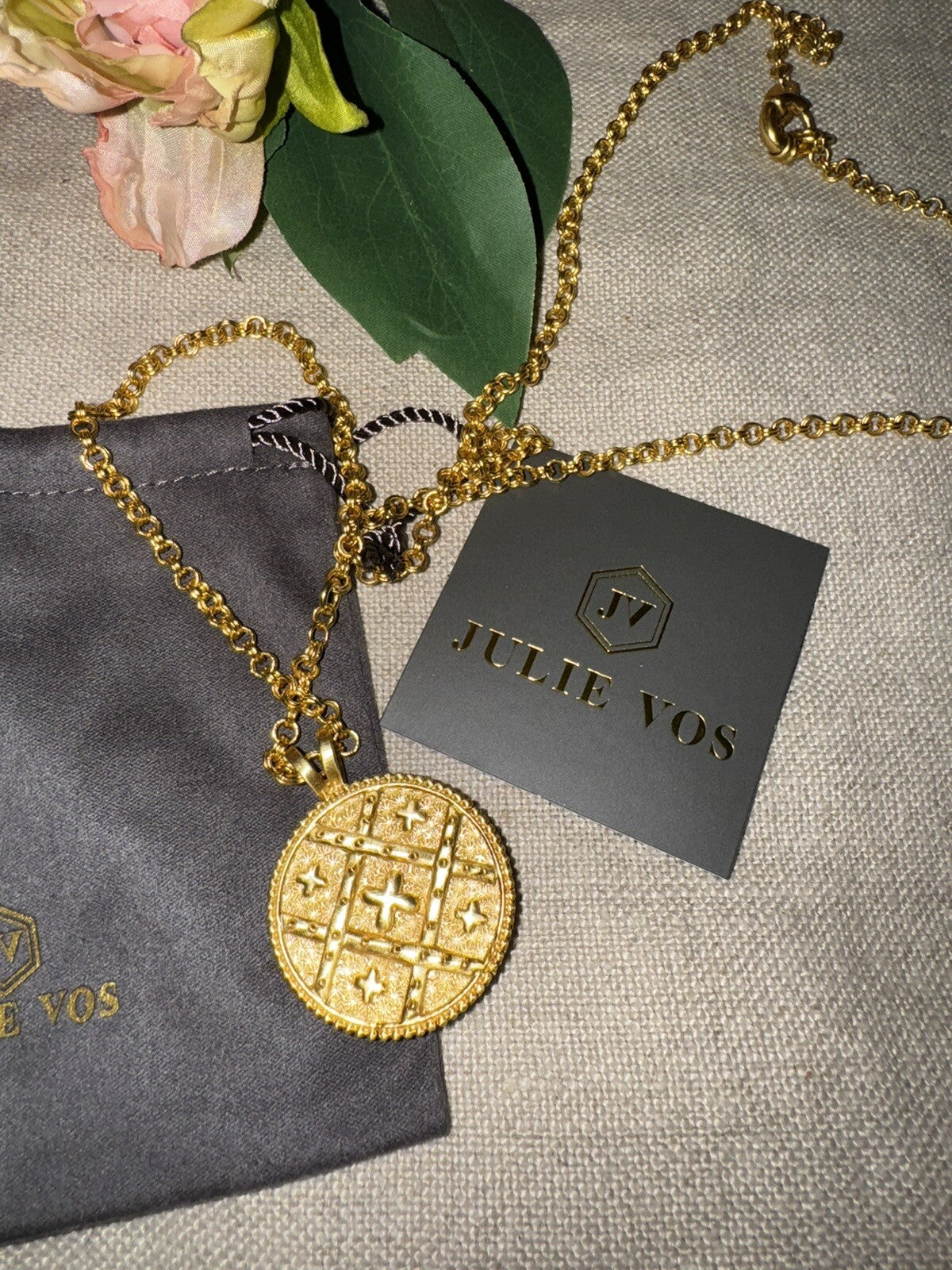 Julie Vos Coin Medallion REVERSIBLE PEARL Pendant Long Link Necklace RETIRED Julie Vos