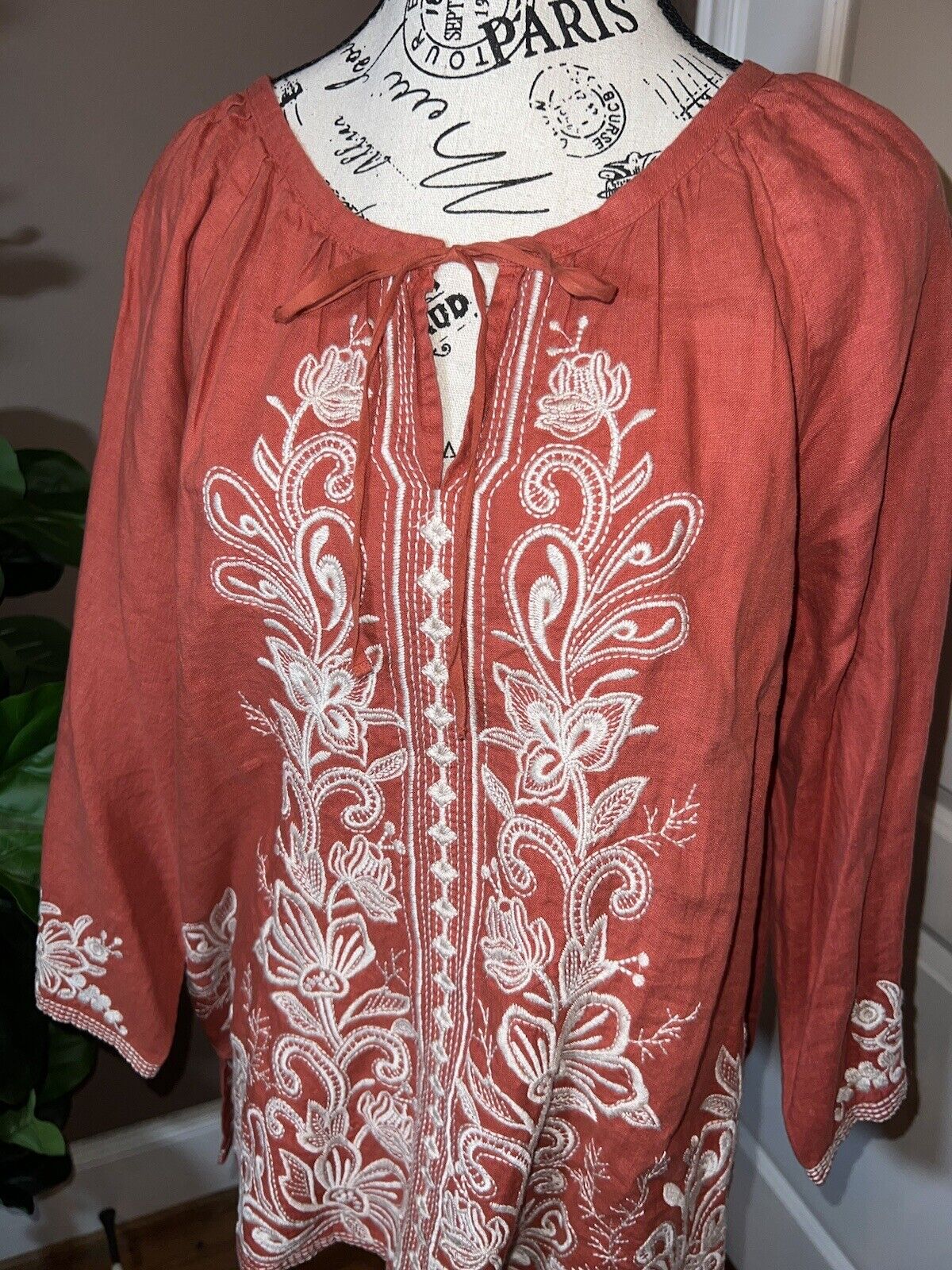 Johnny Was L Large Linen Kimono Sleeve Peasant Top Floral Embroidered