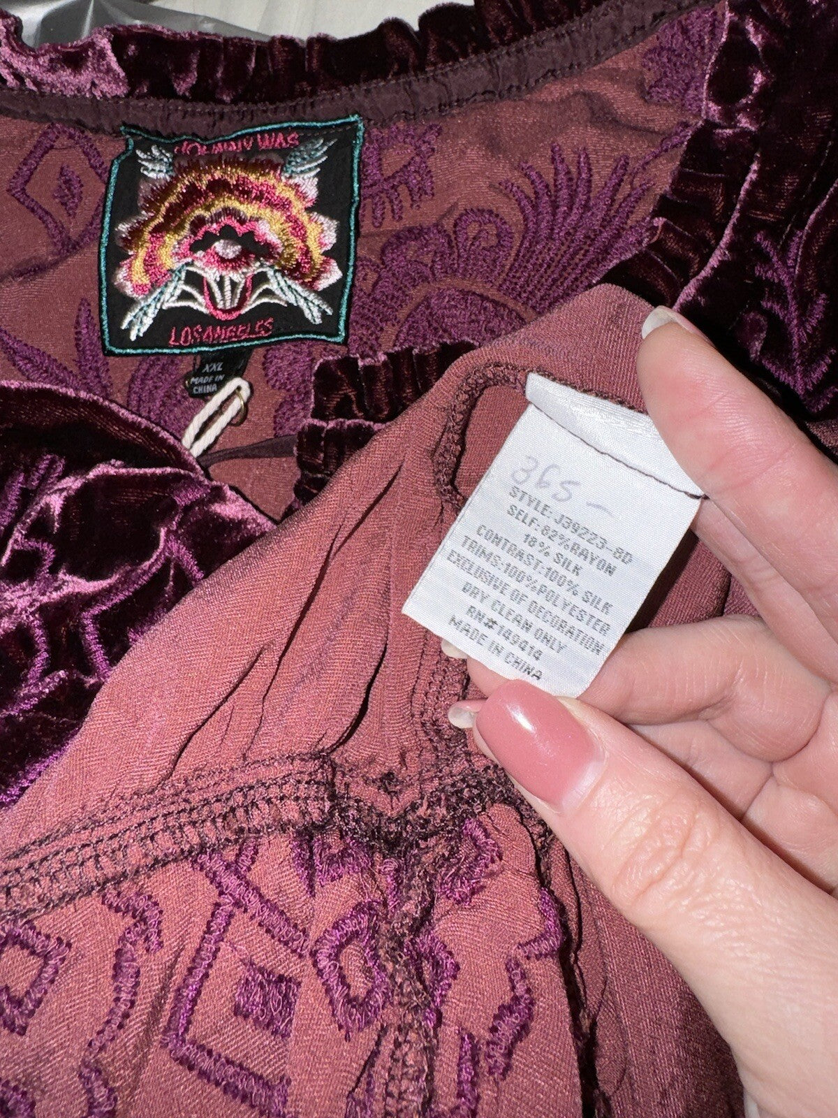 JOHNNY WAS XL VELVET Mini Dress Eggplant Purple Tiered Peasant Top Tassels Johnny Was