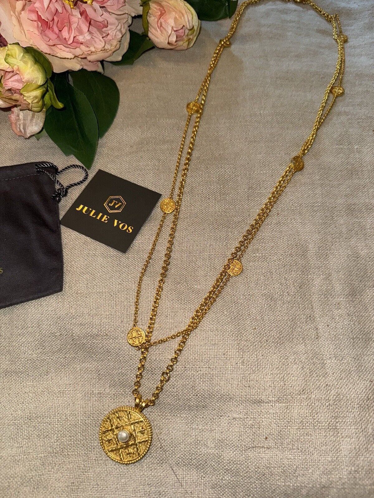 Julie Vos Long Station Coin Medallion & 24k Gold Plated Necklace LONGER STYLE