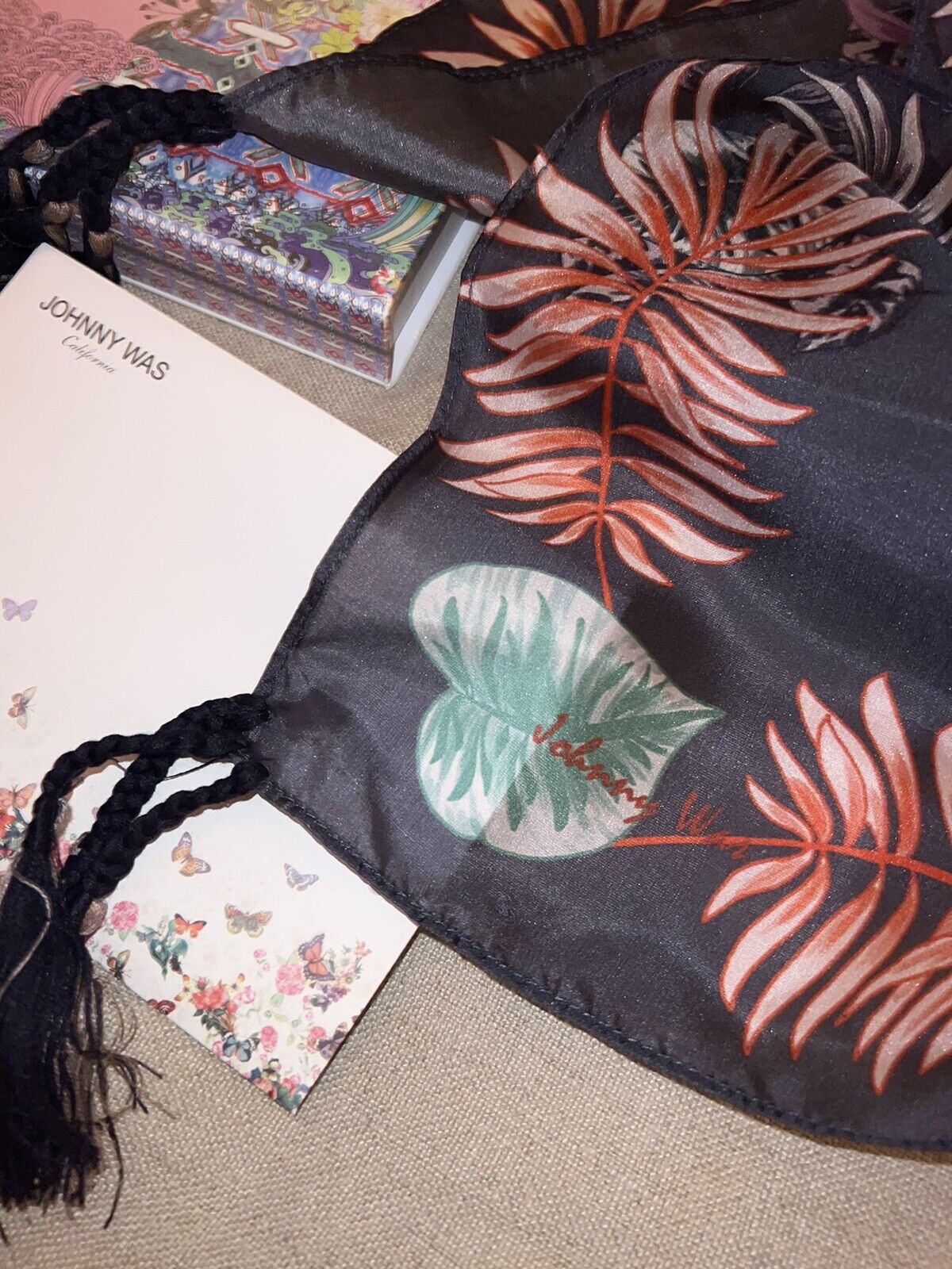 Johnny Was Grey Floral Silk Scarf w/ Tassels In Original Gift Box