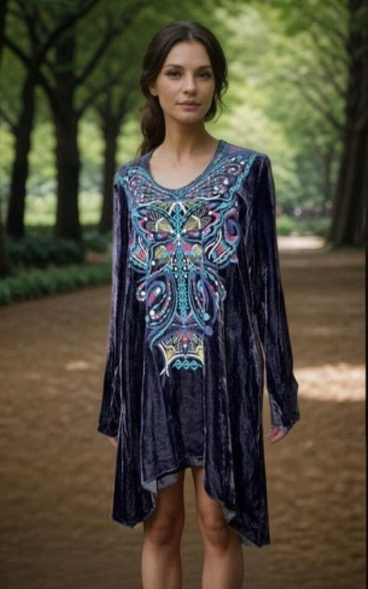 Johnny Was Midnight Purple Butterfly Velvet Embroidered Tunic Top Mini Dress M