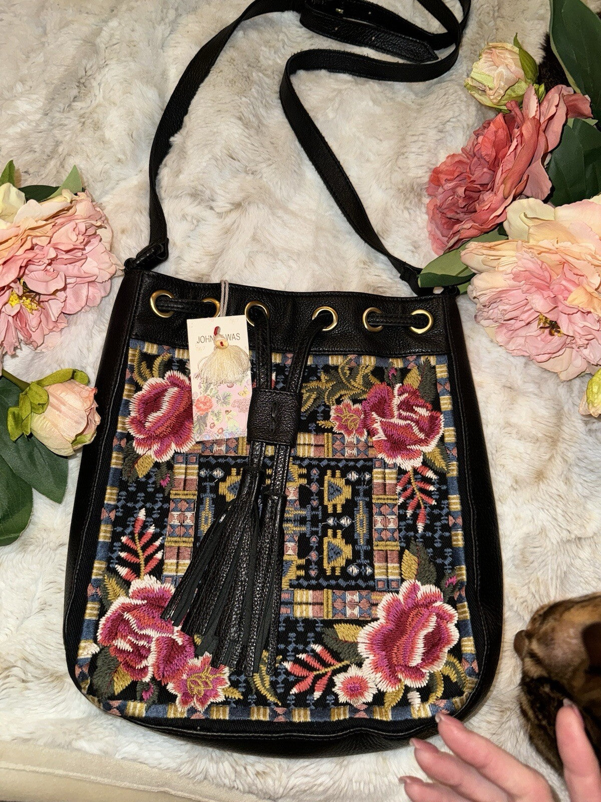 Johnny Was Black Leather Tote Bag Purse Crossbody Hobo Bucket Tassels Johnny Was