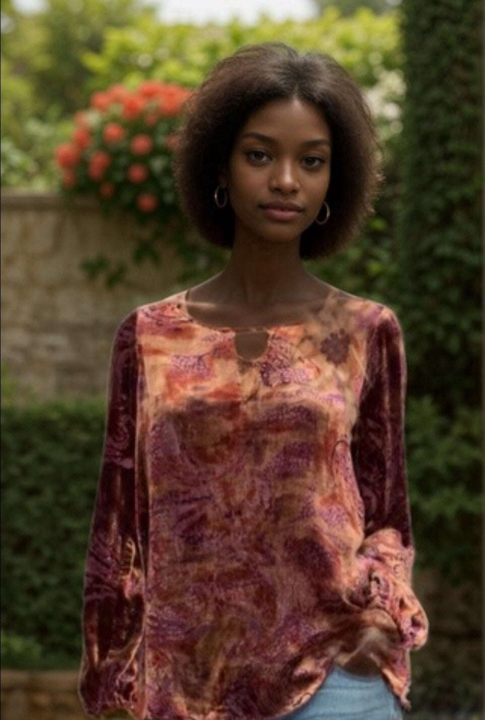 Johnny Was Sz XL Rust Red Burnout Velvet Tunic Top Peasant Blouse Keyhole Johnny Was