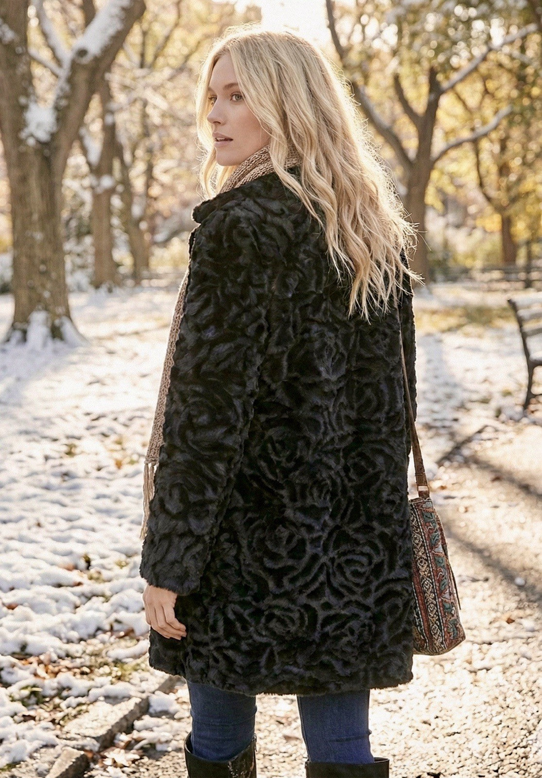 Johnny Was XL Black Rose Faux Fur Coat Jacket Wrap Silk Lining Pockets Johnny Was