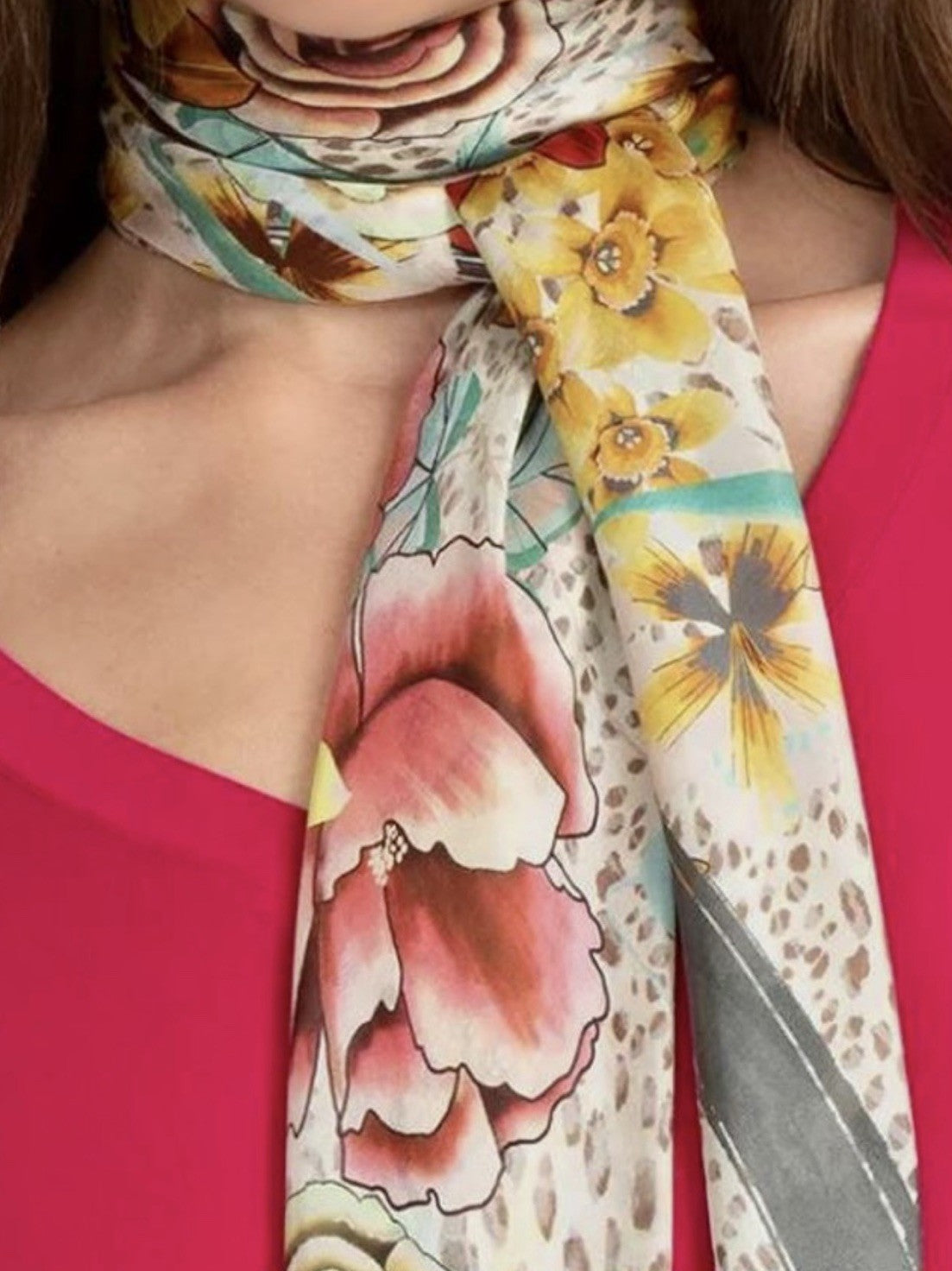 Johnny Was 100% Silk Scarf w/ Tassels Animal Print & Roses Leopard Jungle Rose Johnny Was