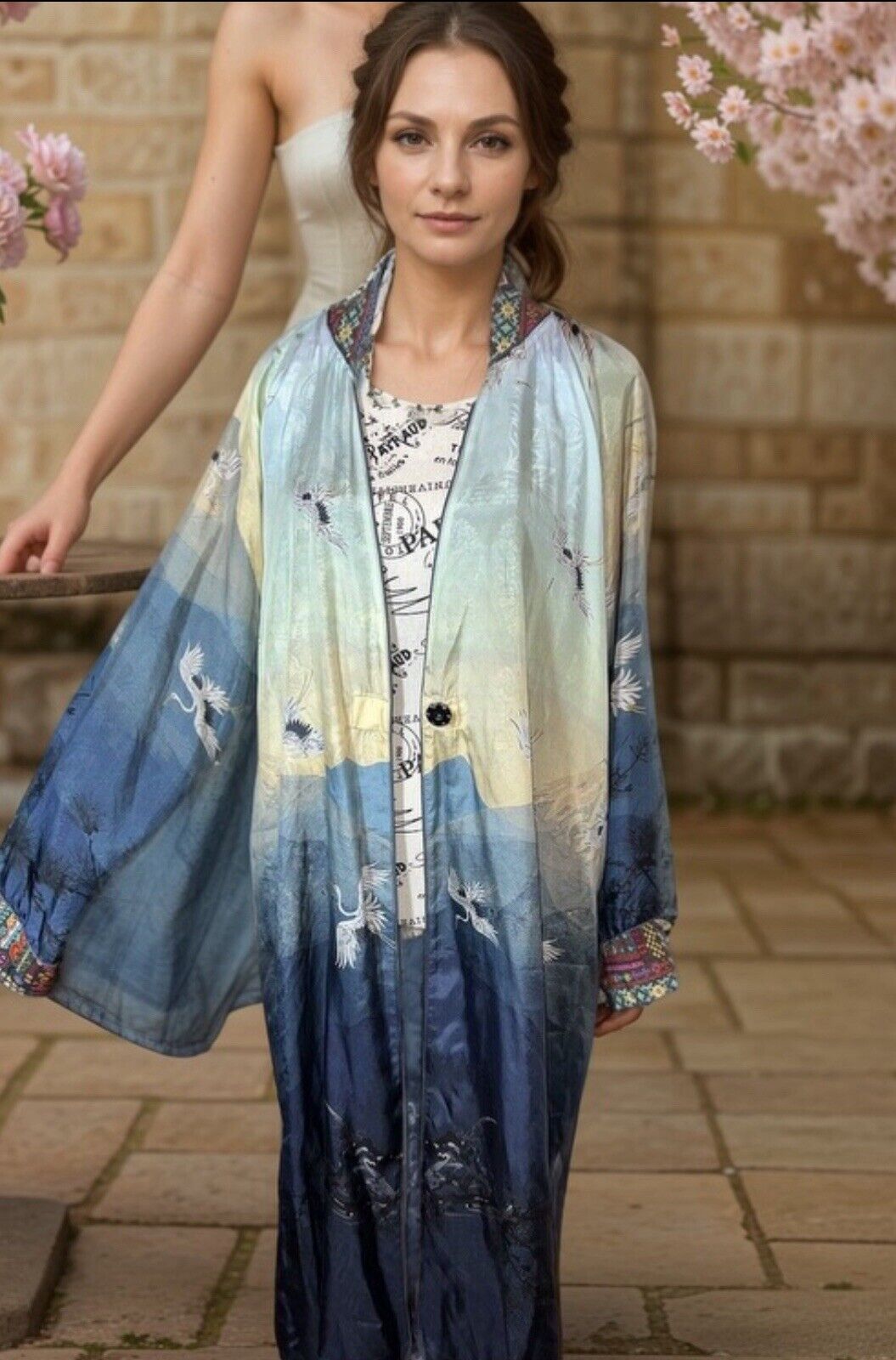 Johnny Was L Large 100% Silk Long Kimono Wrap REVERSIBLE Duster Coat  CRANES