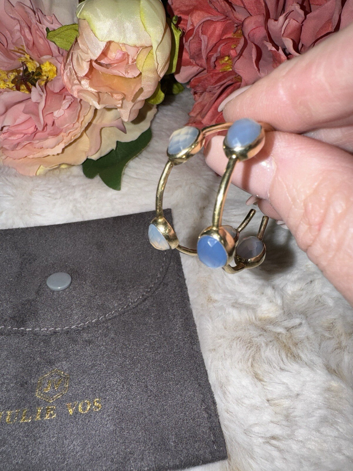 Julie Vos Blue & 24k Gold Plated Hoop & Stone Earrings 1.25” RETIRED VINTAGE Julie Vos