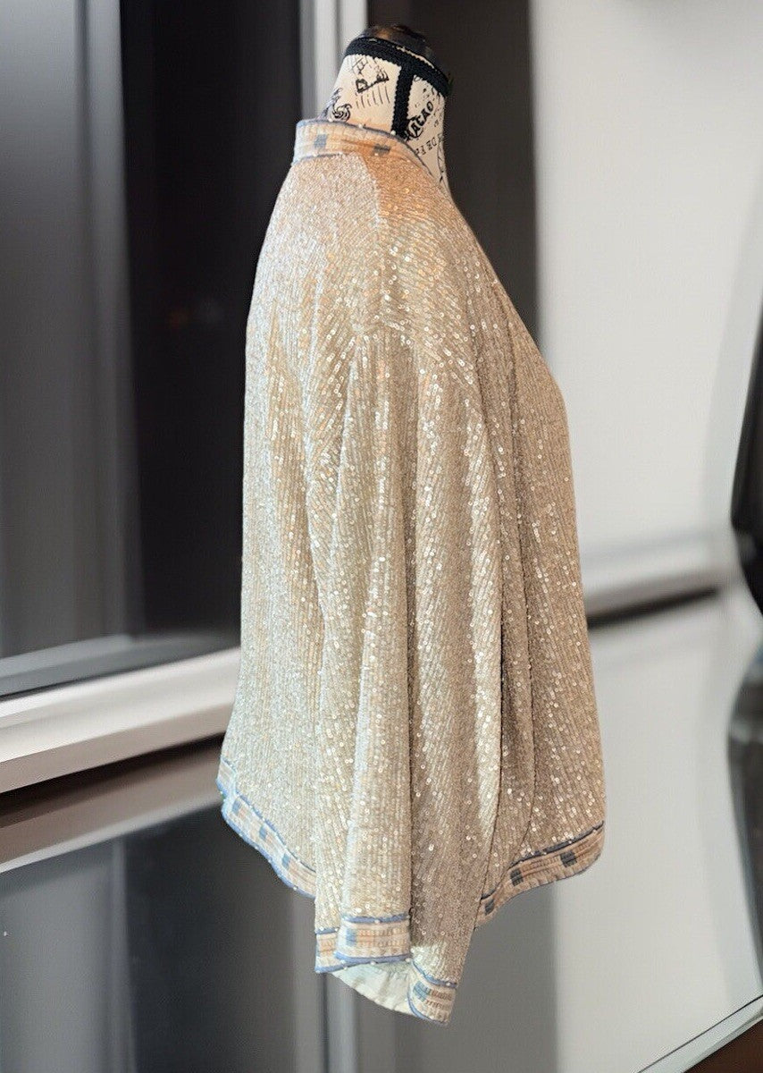 Johnny Was L Large Silk & Sequins Ivory KIMONO Jacket Wrap Pearl Accents Johnny Was