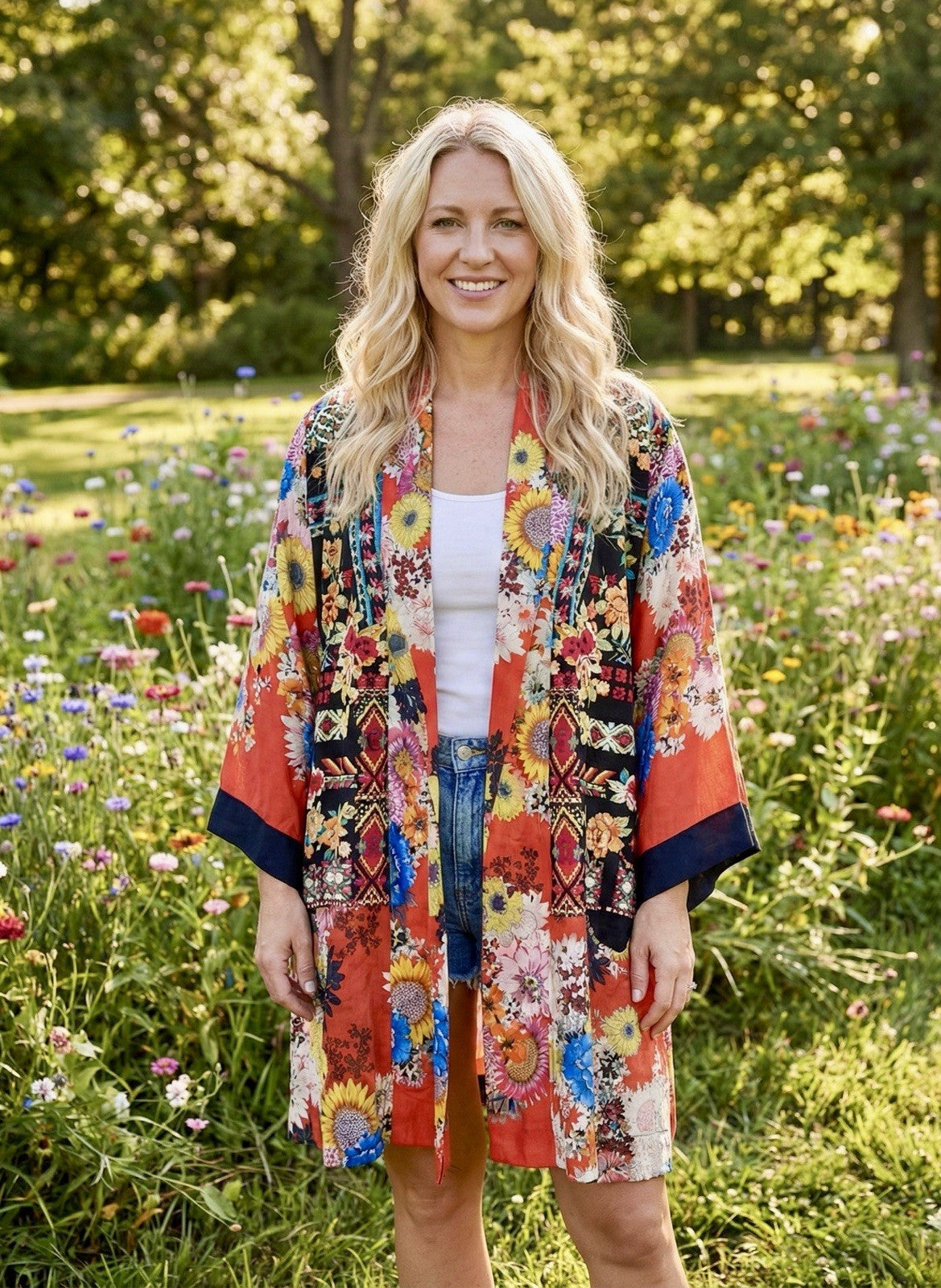 Johnny Was XXL 100% Silk Kimono Red & Black Floral Wrap Lightweight Cool Jacket Johnny Was