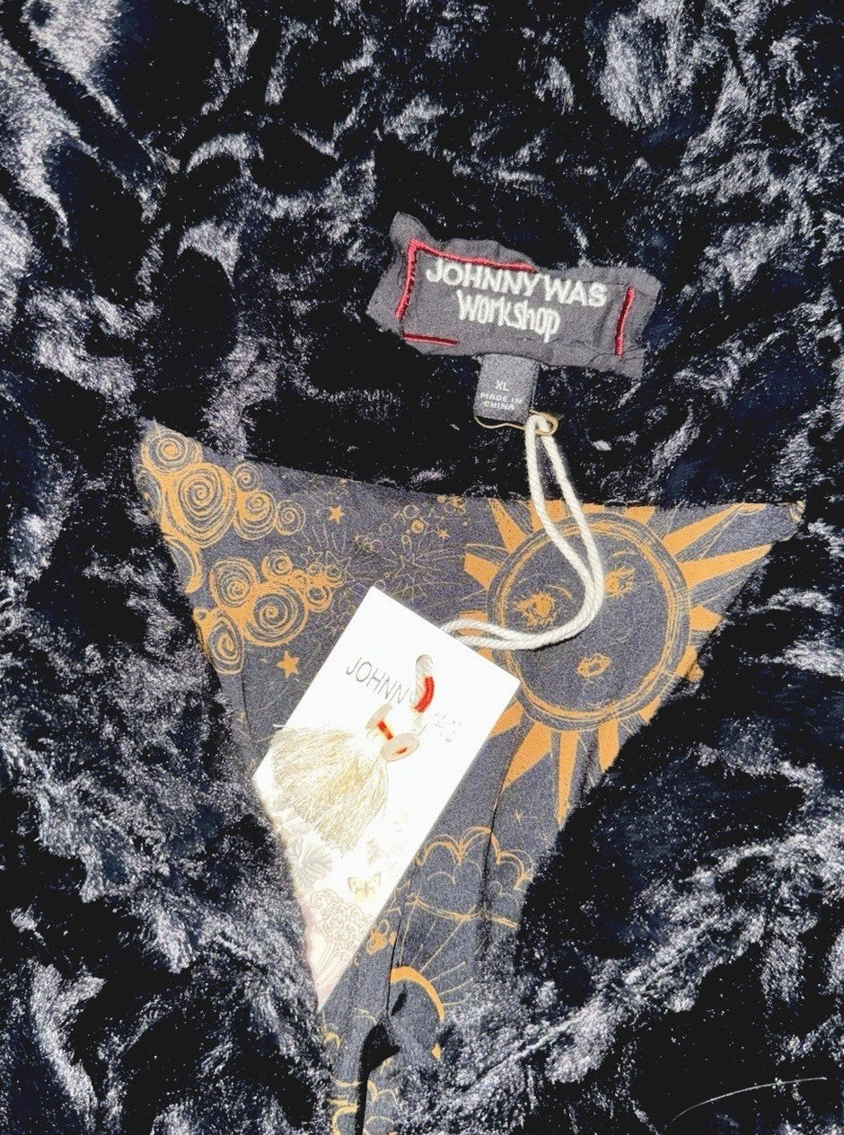 Johnny Was XL Black Rose Faux Fur Coat Jacket Wrap Silk Lining Pockets Johnny Was