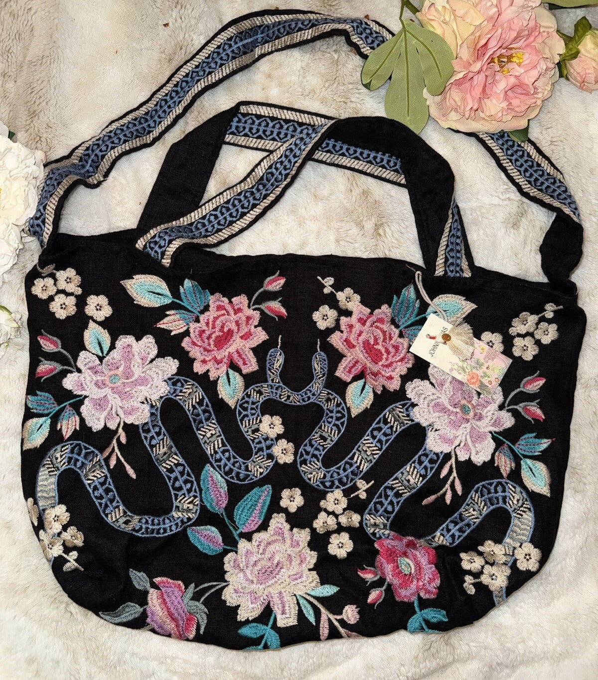Johnny Was Large Black Embroidered Hobo Bag Tote Purse Crossbody Snakes & Roses Johnny Was